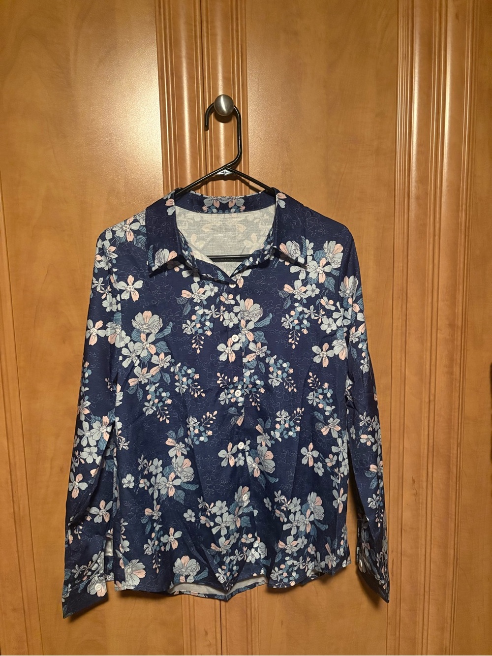 Navy Blue Floral Button-Up Blouse